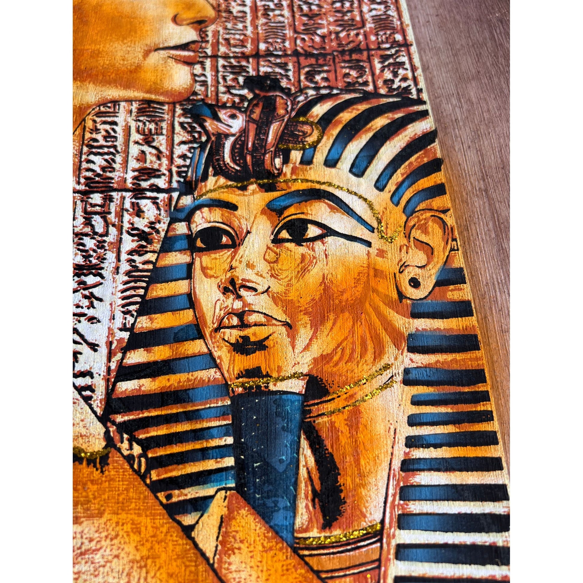 Bastet, Nefertiti and Tutankhamun on Antiqued Papyrus, Glow in Dark Unique Painting - 17X24 Inches, 30x60 cm