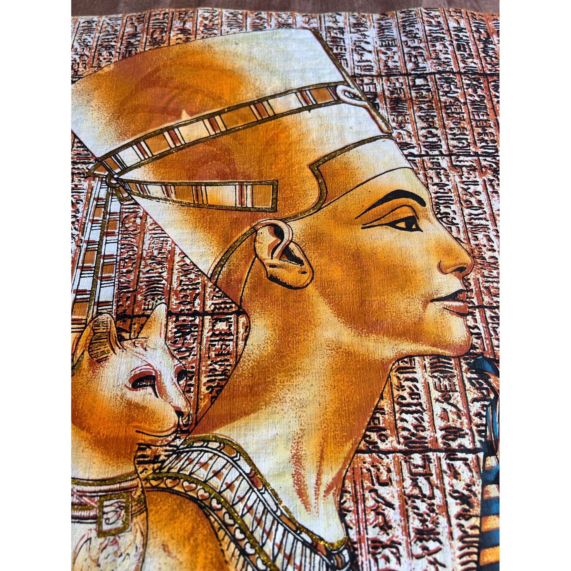 Bastet, Nefertiti and Tutankhamun on Antiqued Papyrus, Glow in Dark Unique Painting - 17X24 Inches, 30x60 cm