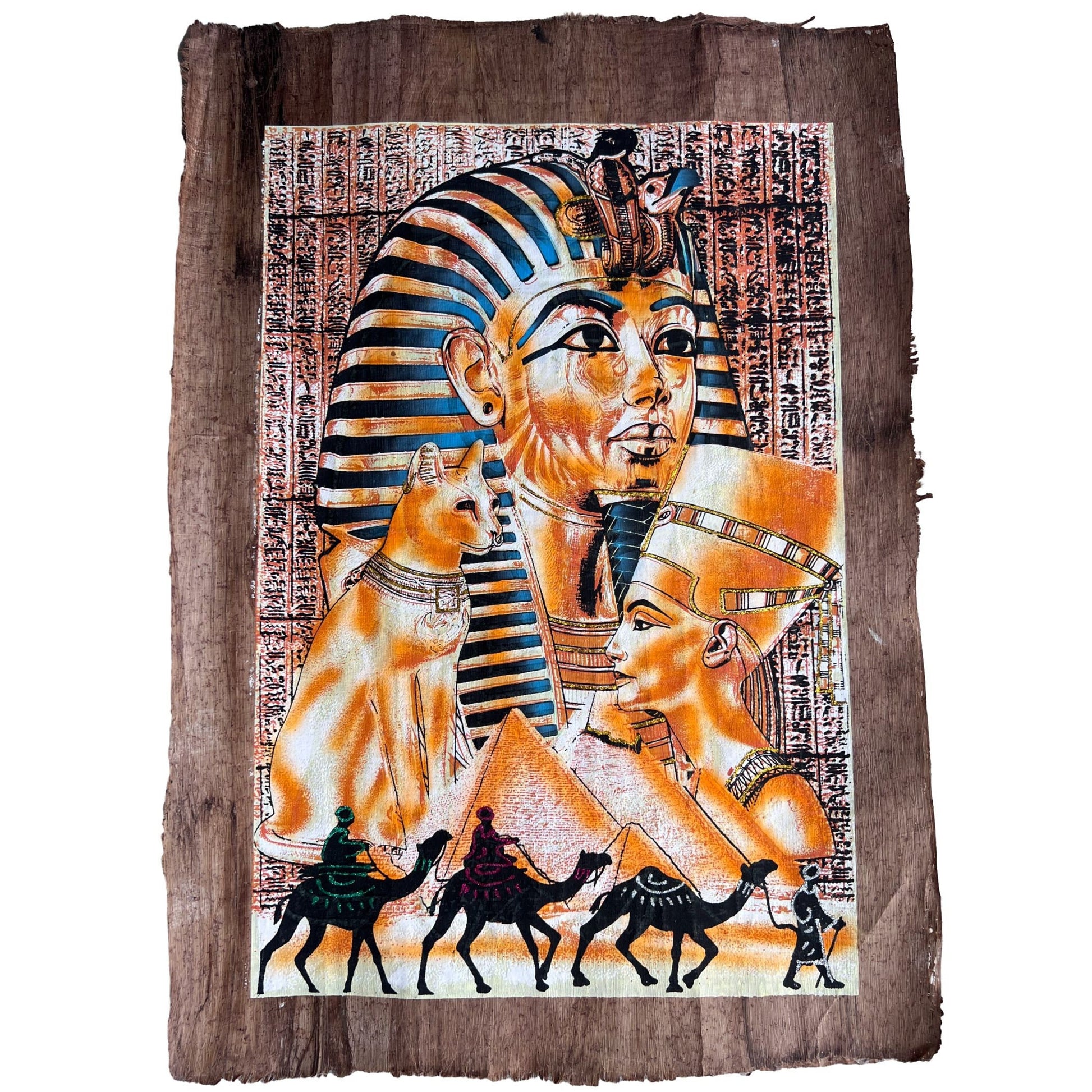 Bastet, Tutankhamun and Nefertiti on Antiqued Papyrus, Glow in the Dark Brown Papyrus - 17X24 Inches, 30x60 cm