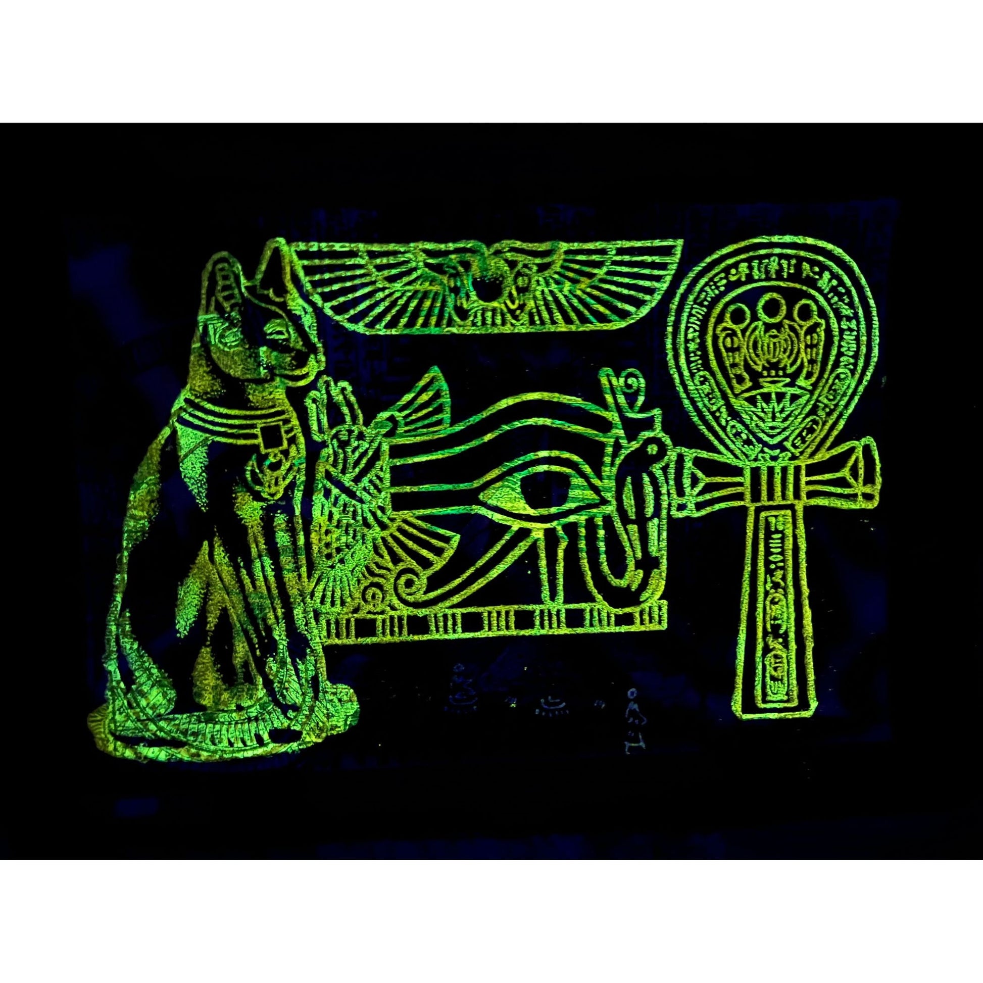 Nefertiti, Tutankhamun and Bastet on Antiqued Papyrus, Glow in the Dark Brown Papyrus - 24x17 Inches, 60x30 cm