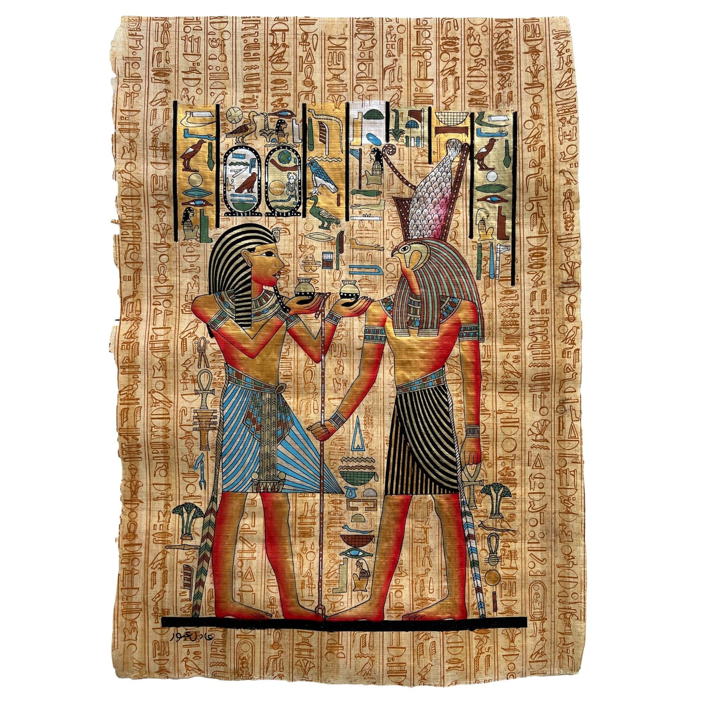 Offering The Sky God, God Horus, Pharaoh of Egypt, Hand Painted in Egypt on Finest Handmade Egyptian Papyrus Paper