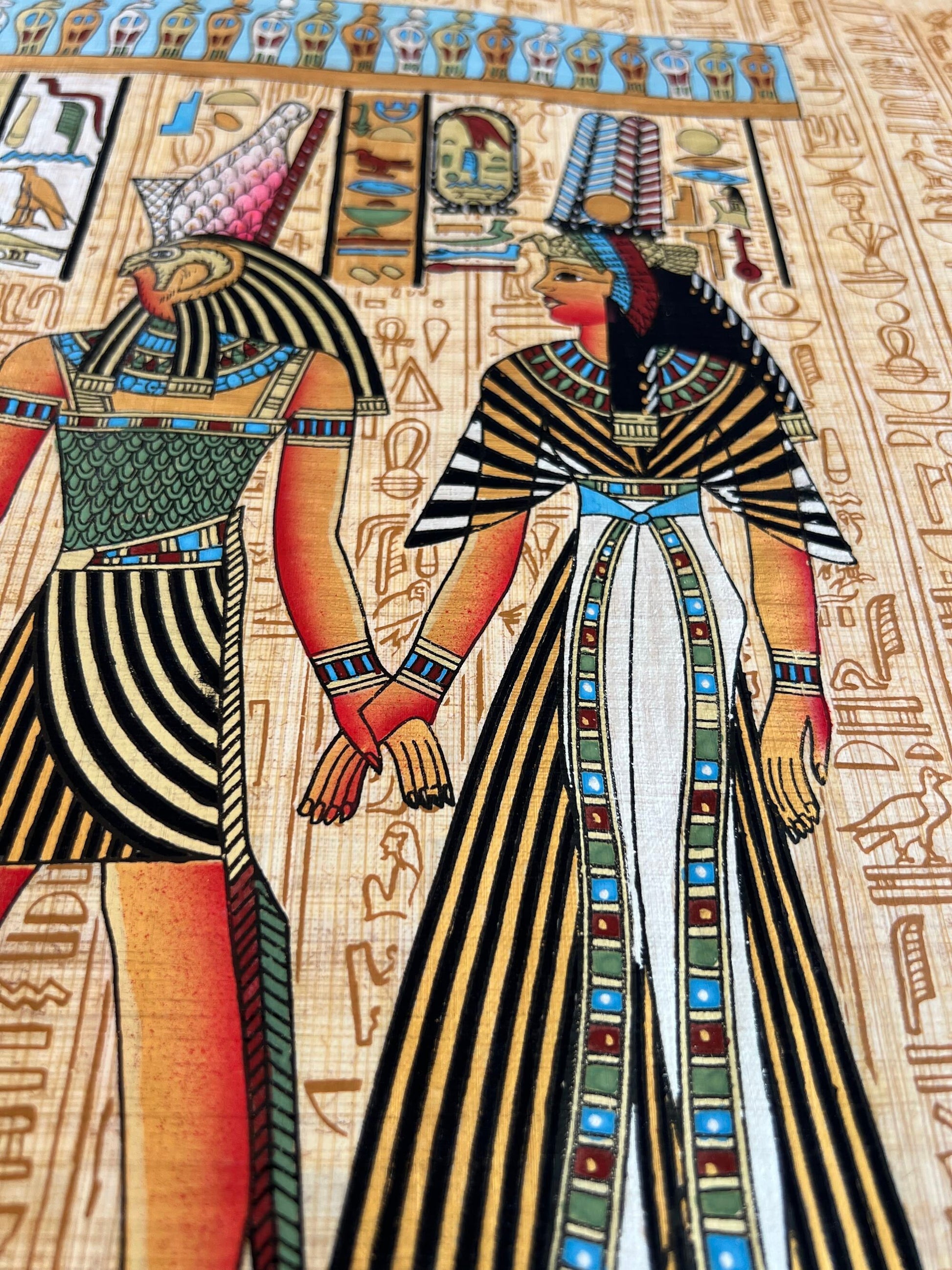 Horus Leading Queen Nefertari Into the Afterlife, Tomb Painting of Goddess Hathore God Horus, Papyrus Painting, Made in Egypt