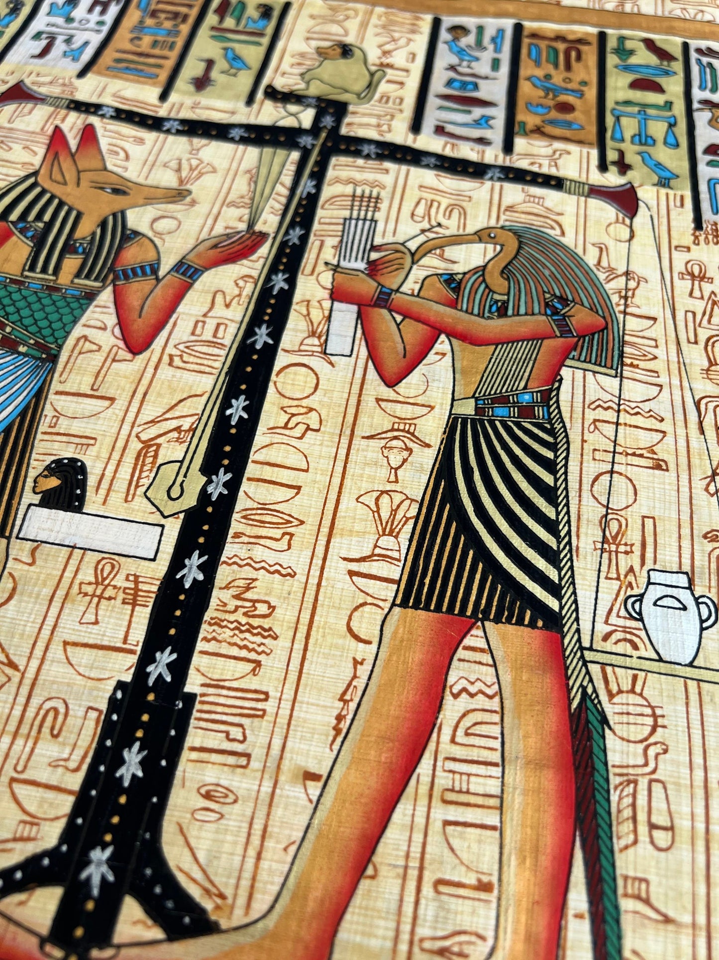 Judgment by The Gods, Weighing of The Heart, Left to Right Ra, Anubis, Thoth, Ancient Egyptian Papyrus Art, Book of the Dead