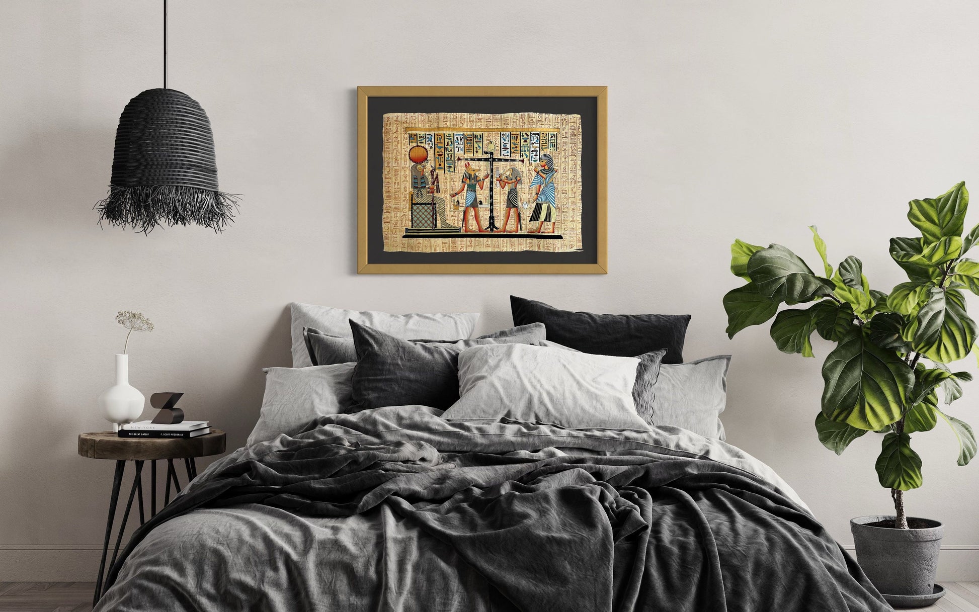 Judgment by The Gods, Weighing of The Heart, Left to Right Ra, Anubis, Thoth, Ancient Egyptian Papyrus Art, Book of the Dead, 24x17 inches