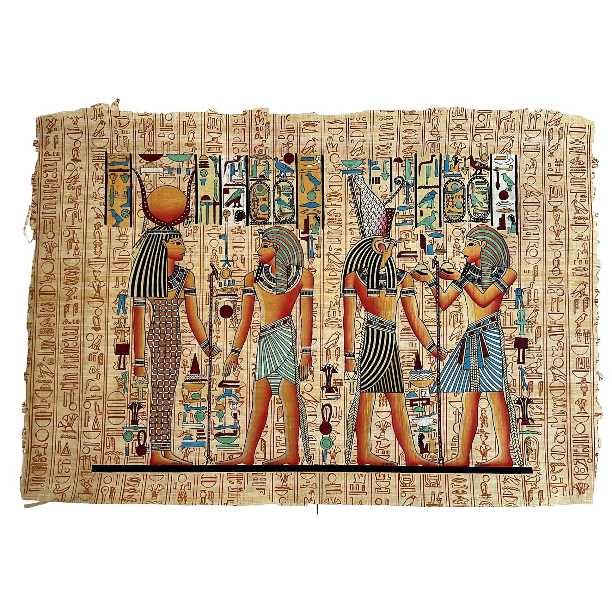 Tutankhamun Before Hathor, King Tut Offering to Horus, Ancient Egyptian Hieroglyphs Wall Art, Papyrus Painting Decor