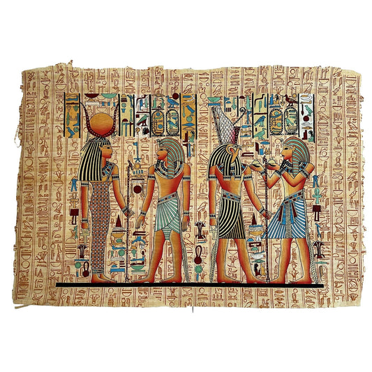 Tutankhamun Before Hathor, King Tut Offering to Horus, Ancient Egyptian Hieroglyphs Wall Art, Papyrus Painting Decor