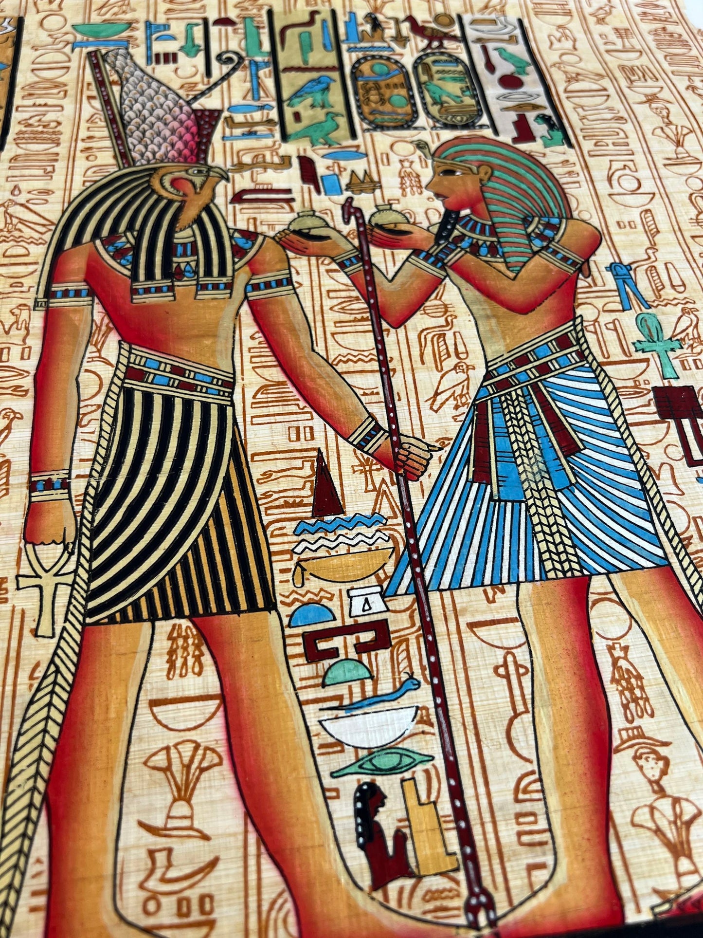 Tutankhamun Before Hathor, King Tut Offering to Horus, Ancient Egyptian Hieroglyphs Wall Art, Papyrus Painting Decor