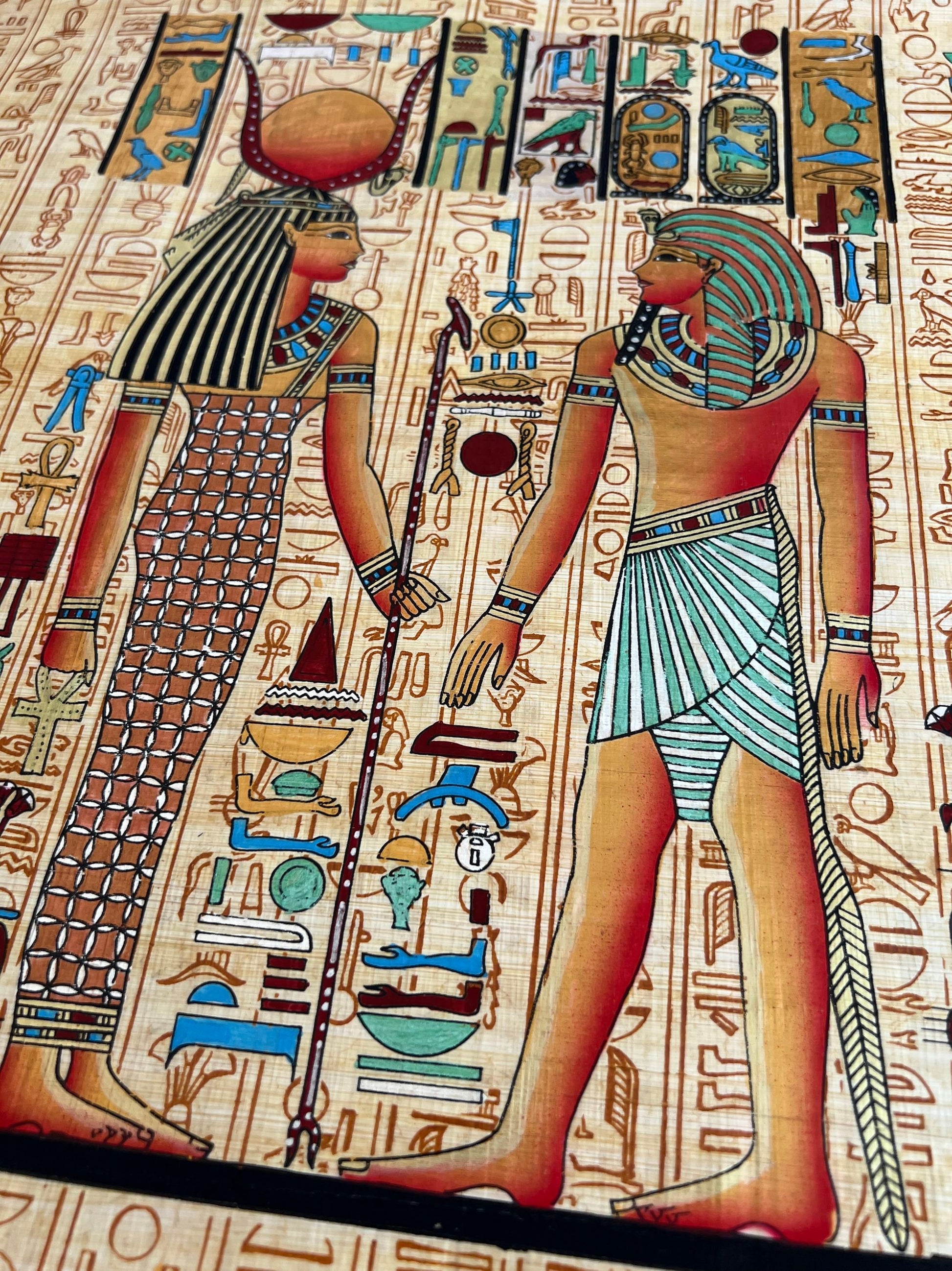 Tutankhamun Before Hathor, King Tut Offering to Horus, Ancient Egyptian Hieroglyphs Wall Art, Papyrus Painting Decor