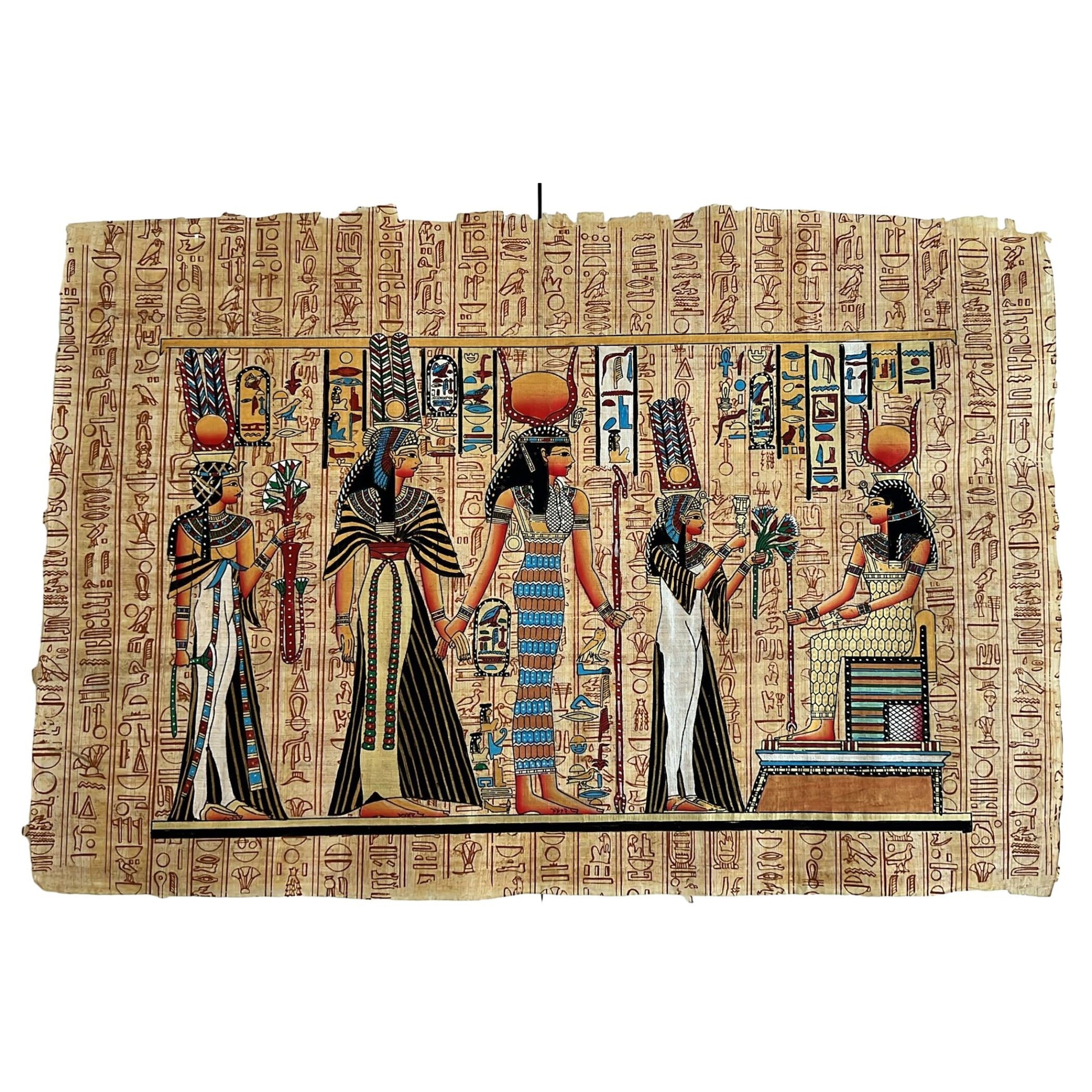 Queen Nefertari Offering Lotus Flowers to The Goddess Isis, Hieroglyphs Painting Egypt Art - Egyptian Papyrus