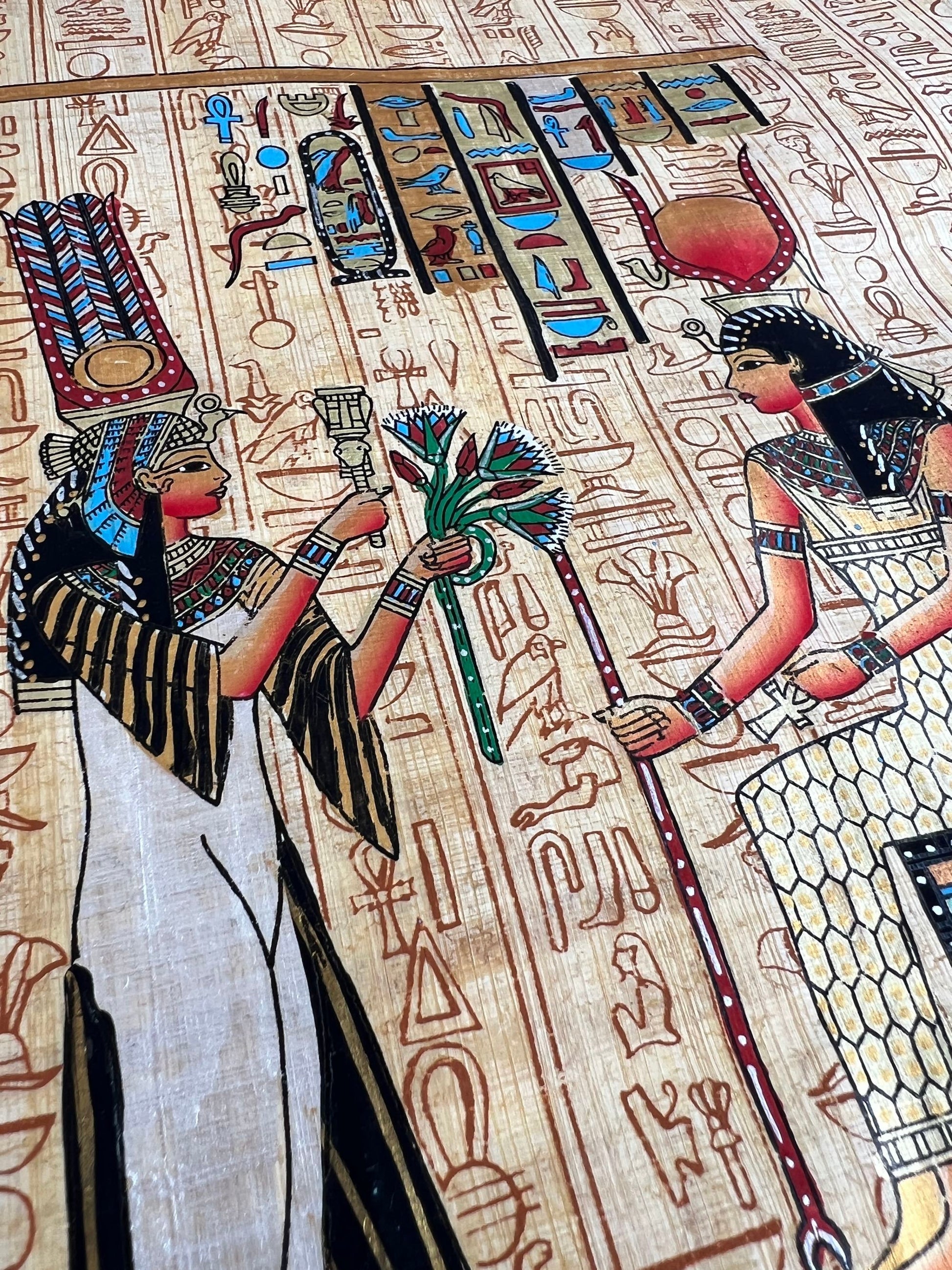 Queen Nefertari Offering Lotus Flowers to The Goddess Isis, Hieroglyphs Painting Egypt Art - Egyptian Papyrus