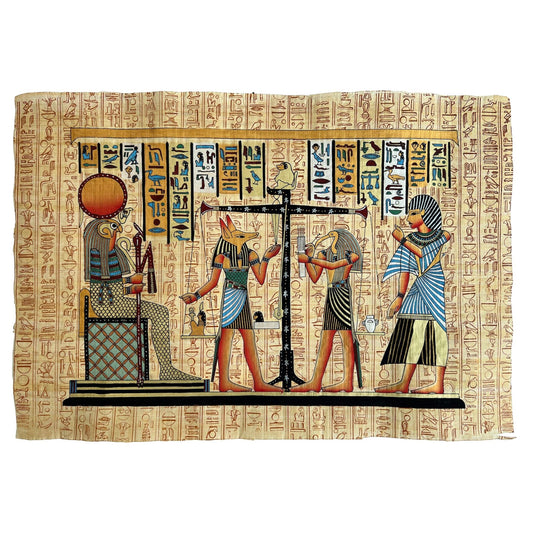 Judgment by The Gods, Weighing of The Heart, Left to Right Ra, Anubis, Thoth, Ancient Egyptian Papyrus Art, Book of the Dead