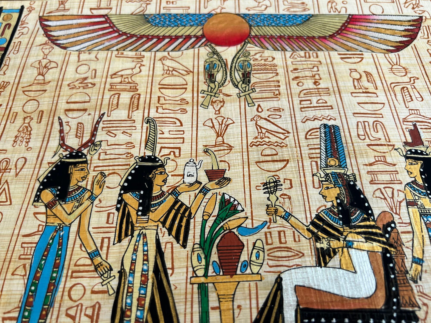 The Queen on The Nile Ship, Nepthys the Sister of Isis and Wife of Seth, Isis, Mut, Hathor, Egyptian Papyrus Art Painting