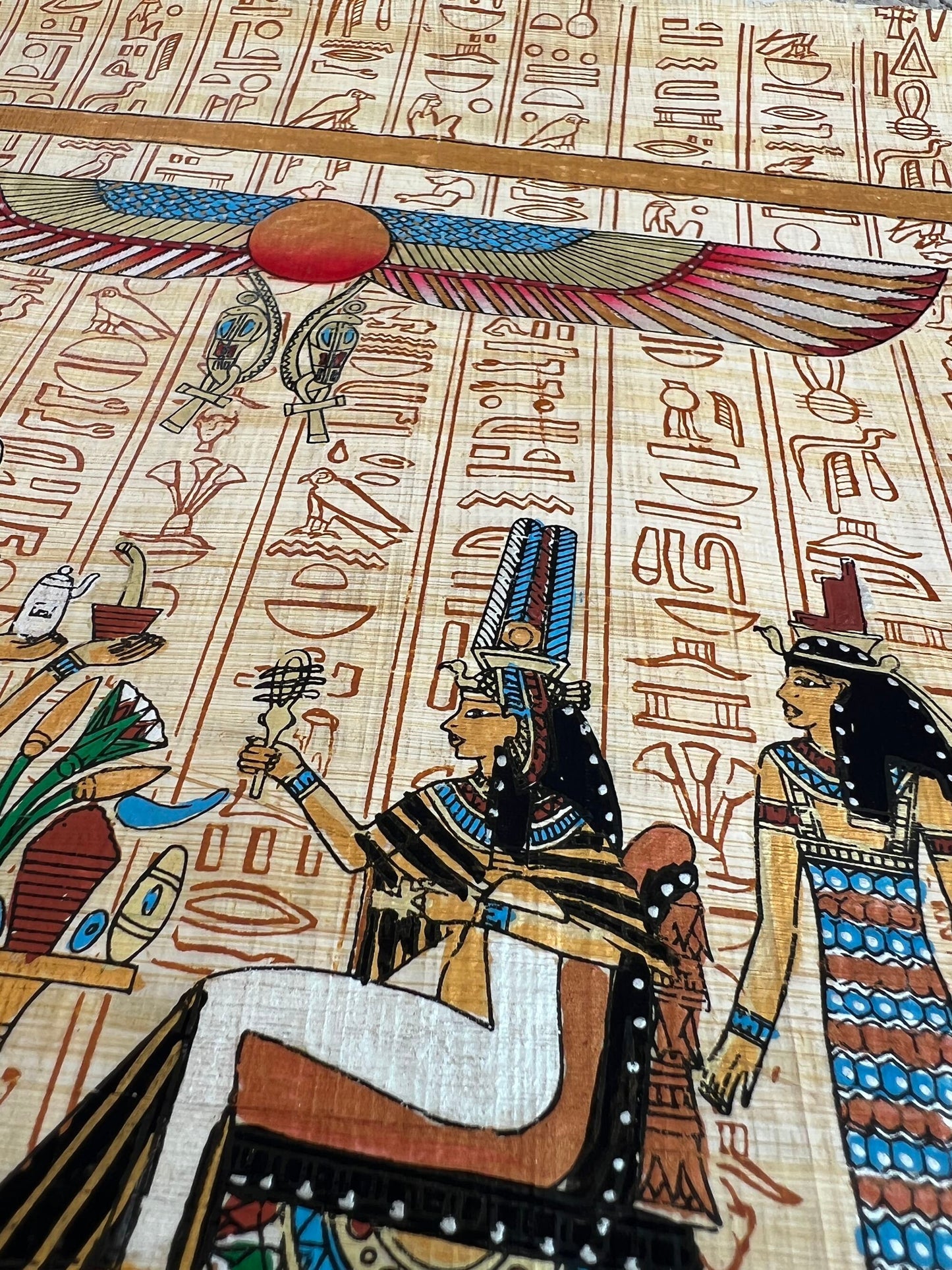 The Queen on The Nile Ship, Nepthys the Sister of Isis and Wife of Seth, Isis, Mut, Hathor, Egyptian Papyrus Art Painting