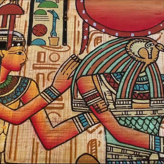 Tomb Painting of Goddess Hathore God Horus, Horus Leading Queen Nefertari Into the Afterlife, Made in Egypt, Papyrus Painting, 17x13 Inches