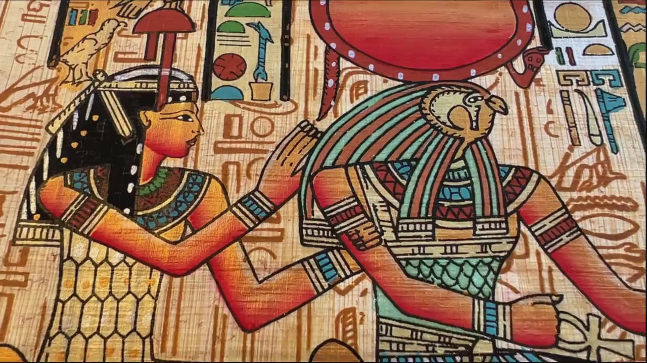 Tomb Painting of Goddess Hathore God Horus, Horus Leading Queen Nefertari Into the Afterlife, Made in Egypt, Papyrus Painting, 17x13 Inches