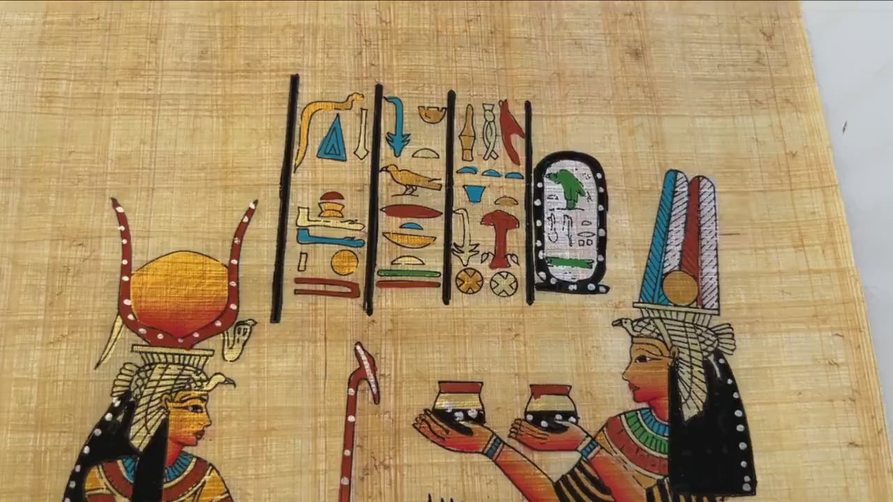 Egyptian Art, Queen Nefertari in The Afterlife Offering Oils to Goddess Isis, Representation of Olive Oil Presentation in Ancient Egypt