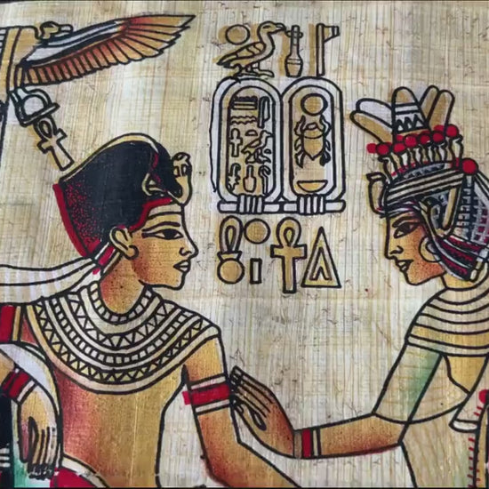 King of Egypt Tutankhamun and His Wife Queen of Egypt Ankhesenamun Scenes, Extra Large Rectangle Papyrus Painting, 36x16 Inches, 93x43 cm