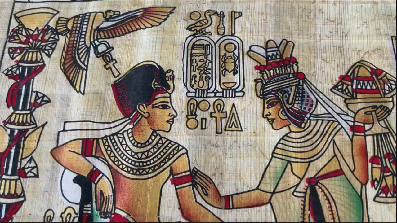 King of Egypt Tutankhamun and His Wife Queen of Egypt Ankhesenamun Scenes, Extra Large Rectangle Papyrus Painting, 36x16 Inches, 93x43 cm