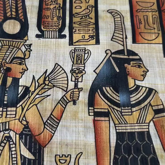 Egyptian Deities, Pharaohs, Gods, Kings, Queens, Goddesses, Nefertari, Maat, Ramesses II, Hathor, Horus, Isis, Papyrus Painting 36x16 Inches