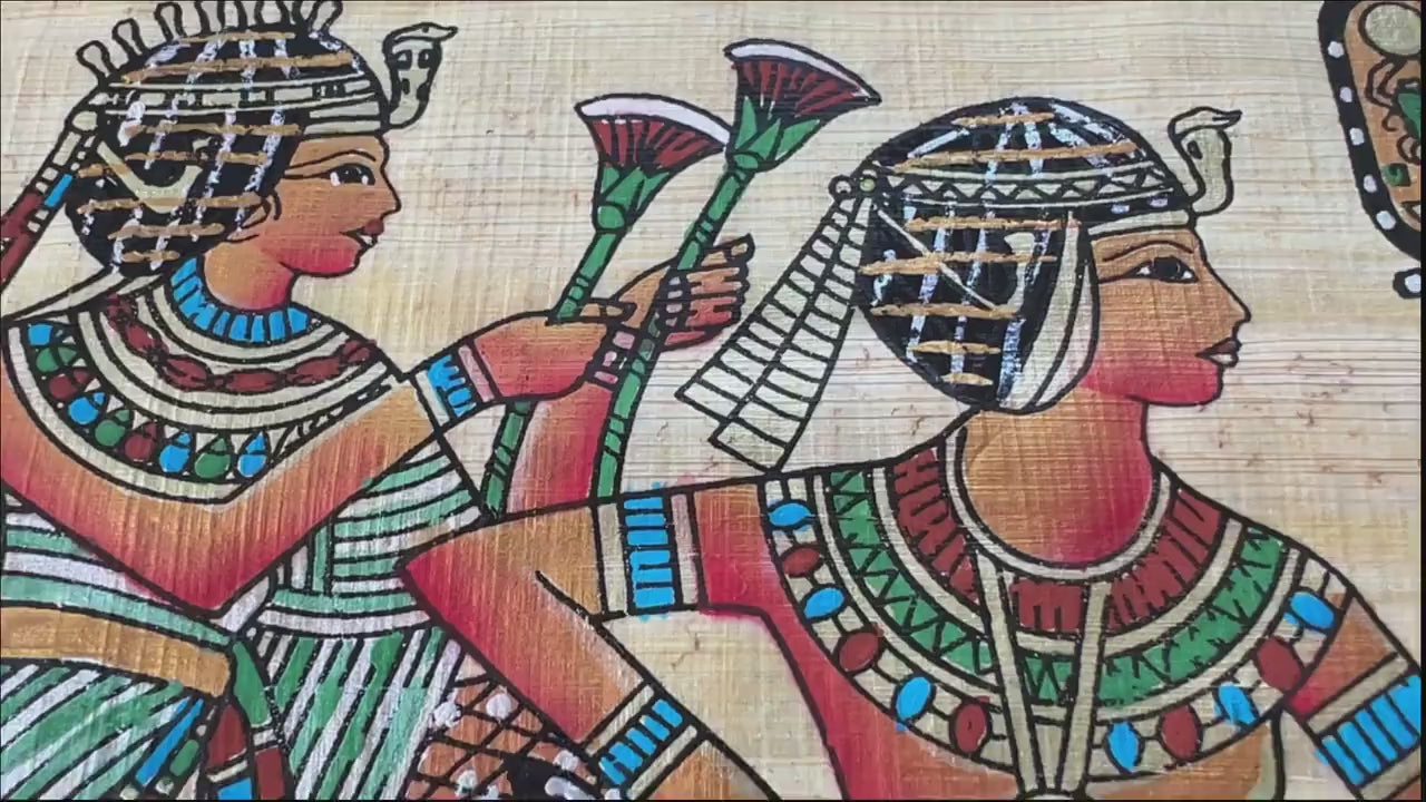 King Tutankhamun and His only Known Wife Queen Ankhesenamun on Boat Cruising the Nile Papyrus Art, 17x13 Inches