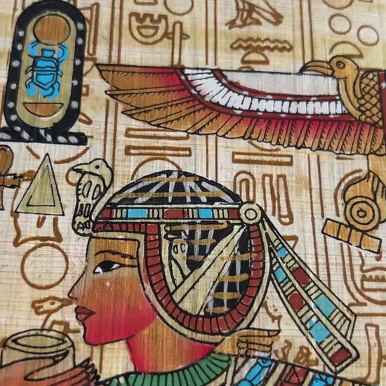 Queen Ankhesenamun Anointing her Husband King Tut - Papyrus Painting from Ancient Egypt - Hieroglyphic Background - 13x17 inches - 30x40 cm