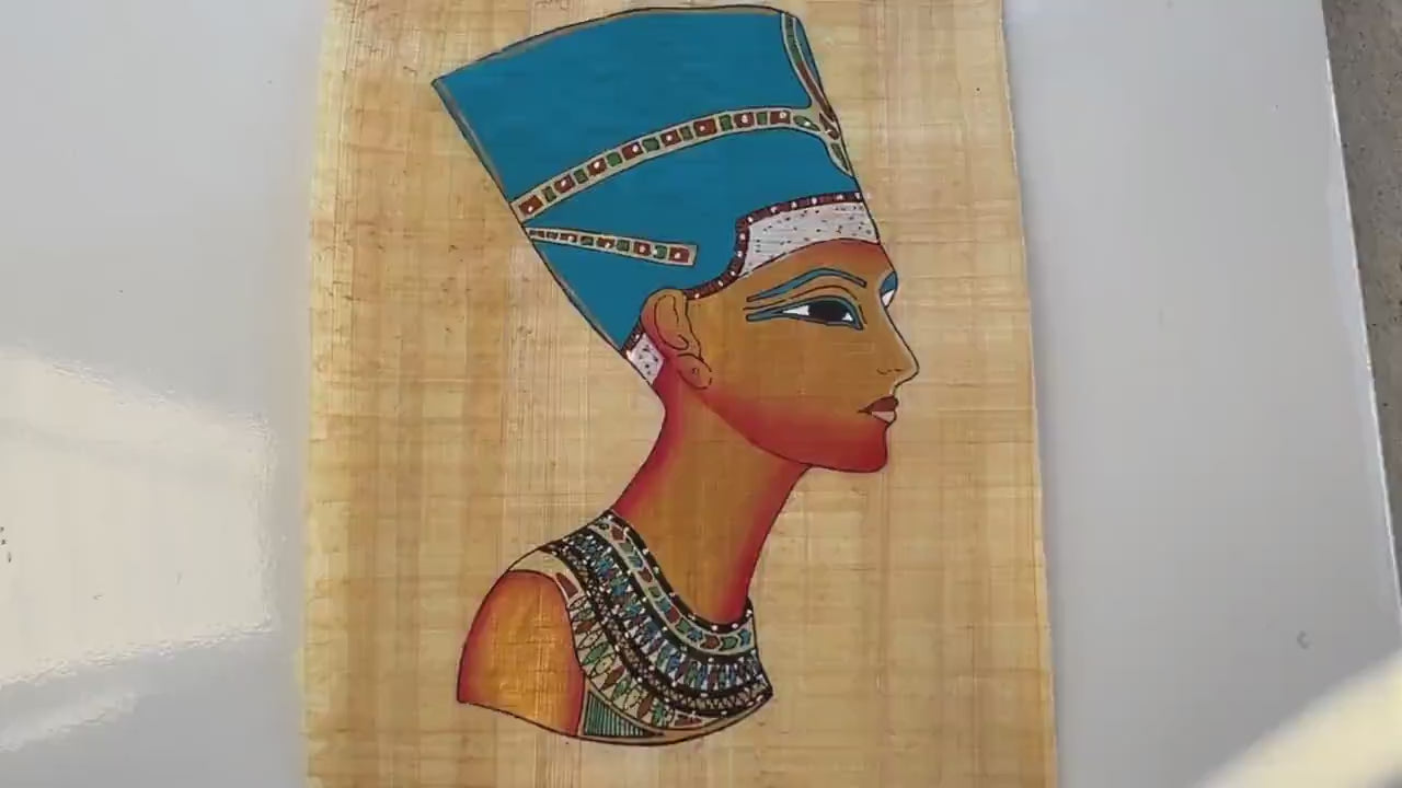 Vintage Egyptian Hand Painted Papyrus of King Ramesses’s Offering Lotus Flowers to The Goddess Hathor, Egyptian Papyrus Painting 9x13 Inches