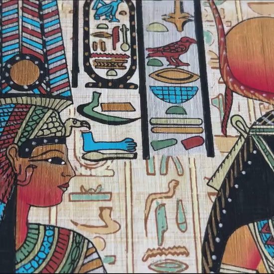 Goddess Isis Leading Queen Nefertari - Place in The Sacred Land Masterpiece Story - Egyptian Hand-Painted Papyrus Artwork - 13x17 Inches