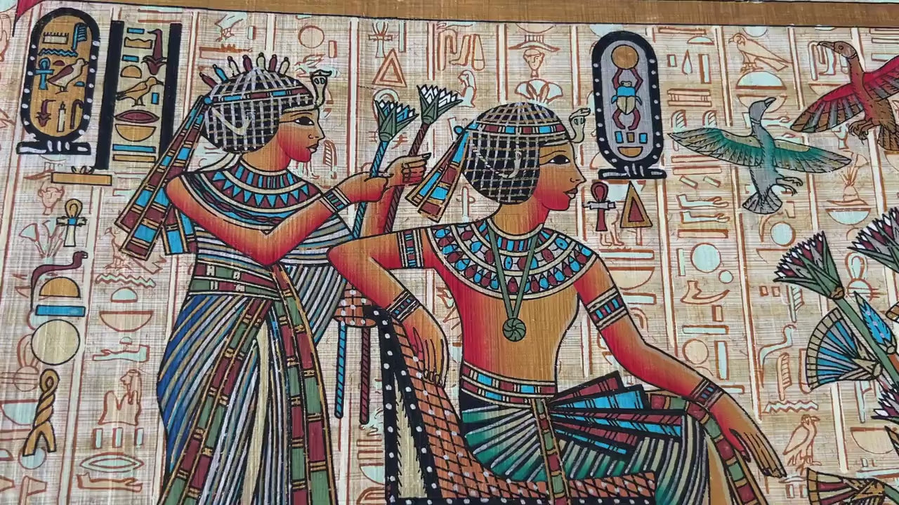 King Tutankhamun Tut accompanied by Queen Ankhesenamen on Nile Boat Papyrus, Extra Large Rectangle Papyrus Wall Art 36x16 Inches - 93x43 cm