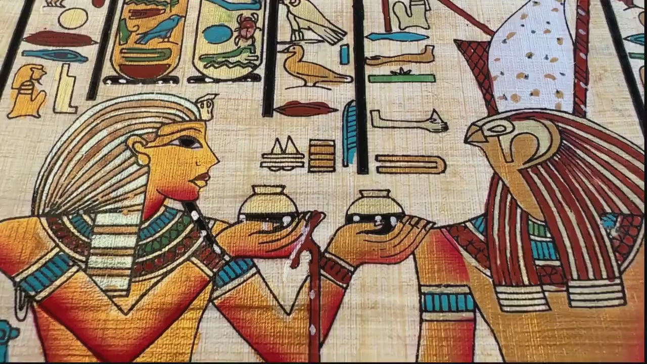 Papyrus Art, Offering to God Horus, Ancient Egyptian Gifts, Handmade, Hand Painted in Egypt, Wall Art Home Decor, 9x13 Inches