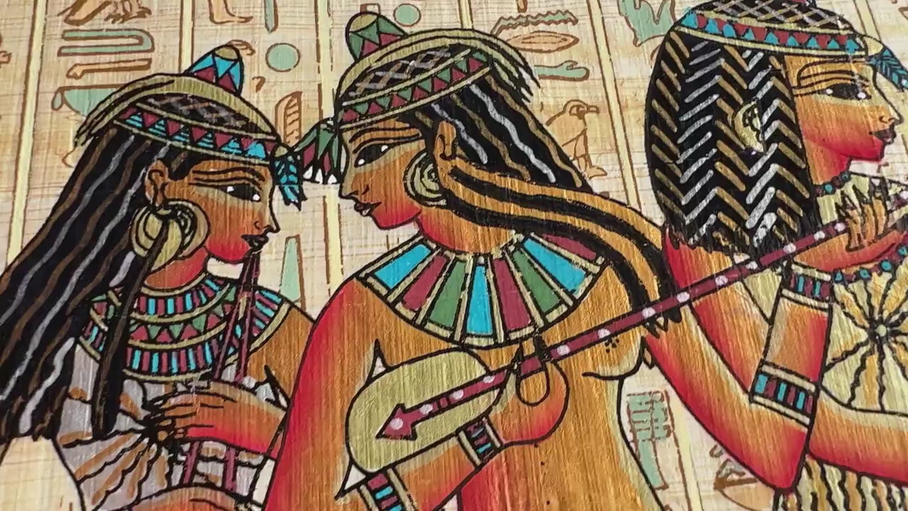 Egyptian Musicians and Their Instruments - Handmade Hand painted Papyrus Painting - Authentic Art of Ancient Egypt - Sistrum - Harp - Flute