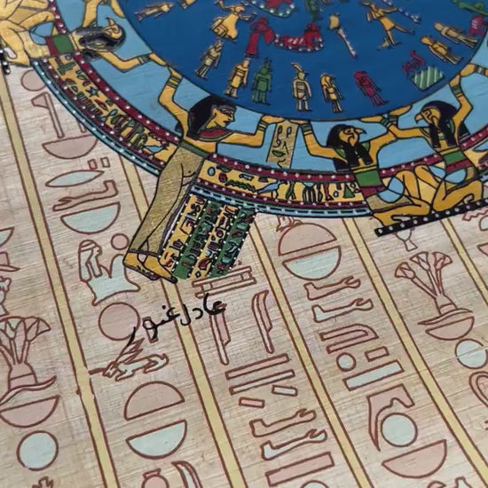 Ancient Egypt Astrological Calendar Papyrus Painting - Sun Moon Stars - Dendera Zodiac 12 Signs Egyptian Astrology - Painted on Egypt Paper