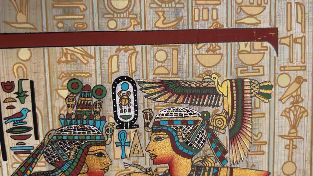 Tutankhamun and His Beautiful Wife Ankhesenamun • Vintage Authentic Hand Painted Papyrus With Signature • Hieroglyphic 9x13 inch