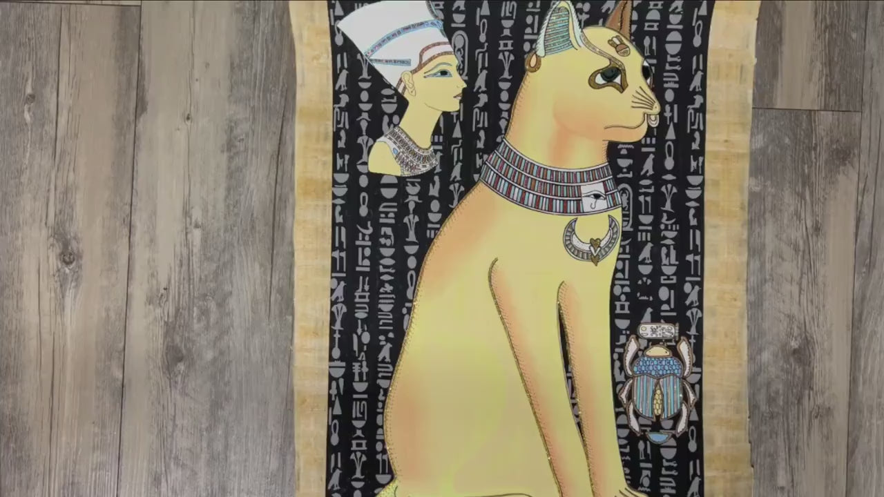 Large Wall Decor Egyptian Cat Bastet Goddess Painting on Papyrus Hieroglyphs Background - Gift for fans of Bast - Glow In Dark 17x25 inches