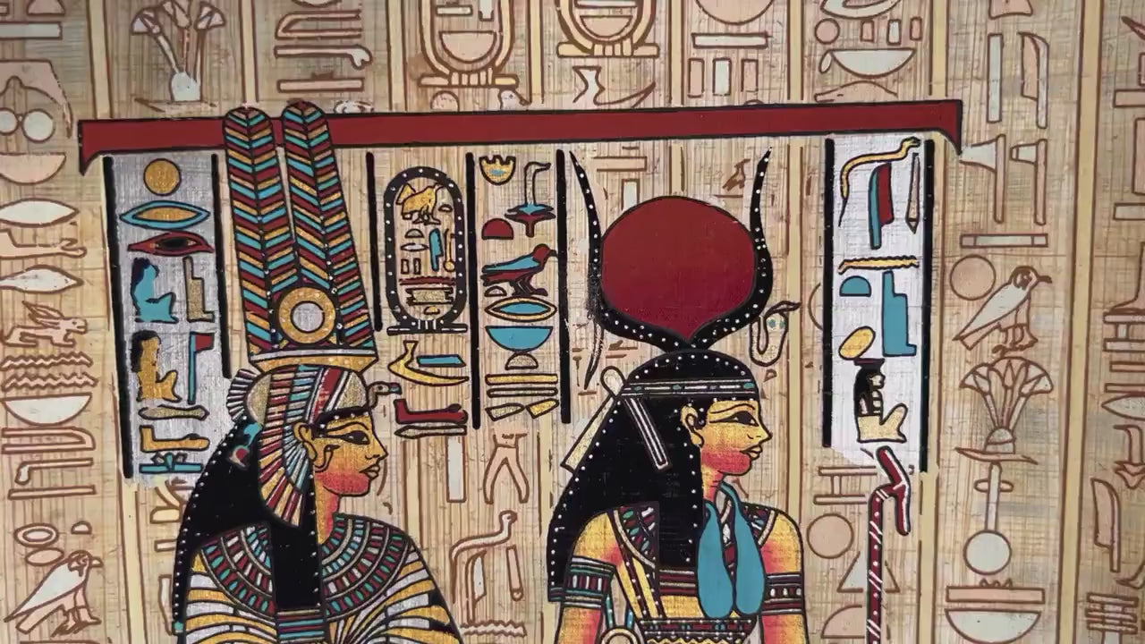 Queen Nefertari and Goddess Isis Sacred Ritual • Egyptians Gods Union Hieroglyphs Papyrus • Nefertari Meritmut Egypt Papyrus 9x13 inch