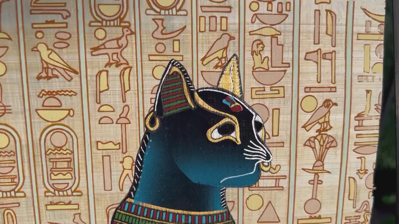 Bastet Papyrus - Egypt Cat Wall Art - Ancient Black Cat Goddess Bast Painting on Hieroglyphics Print - Egyptian Papyrus Best Gift Home Decor