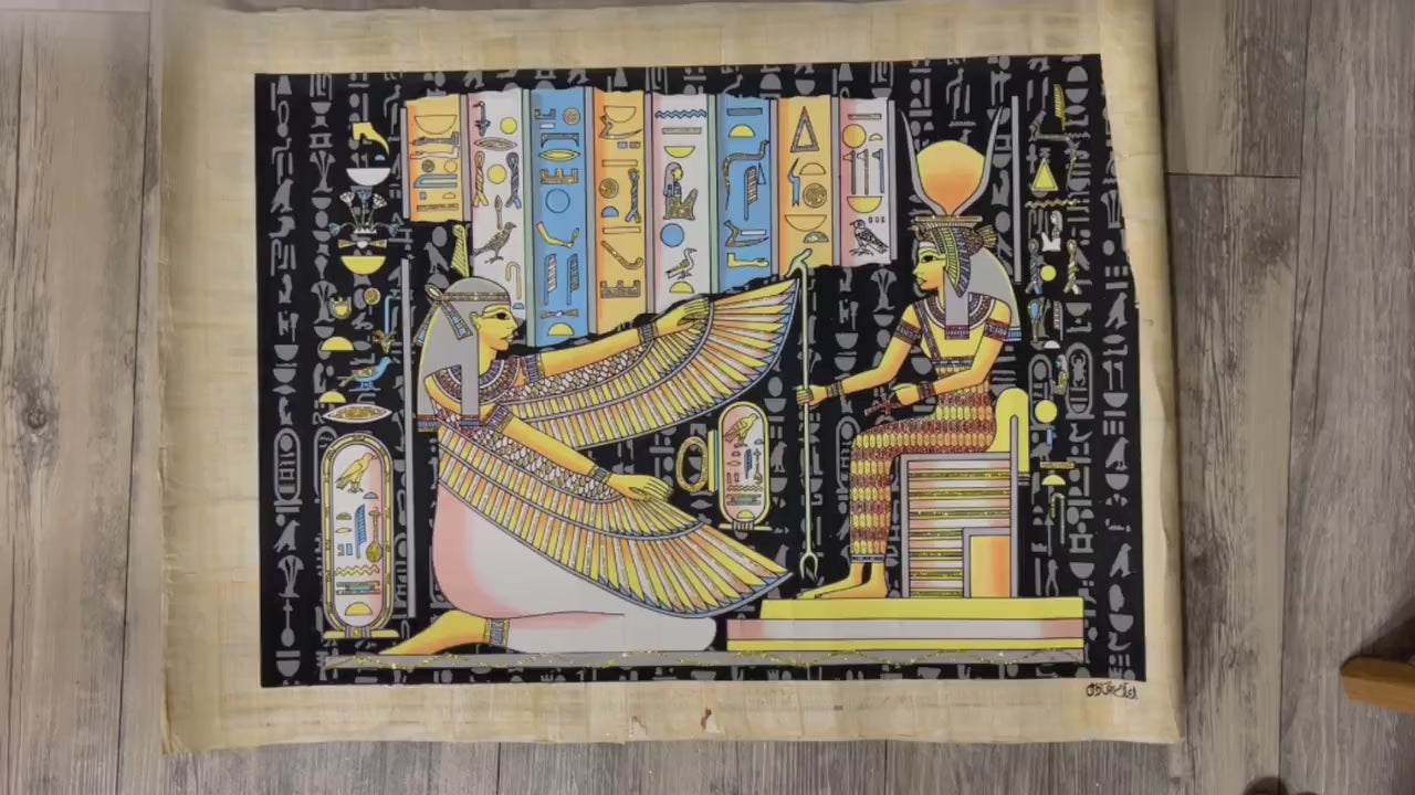 Ancient Wall Decor - Maat Goddess of Truth and Justice & Isis Goddess of Maternity and Magic Glow In Dark Papyrus Wallart - 24x17 inches