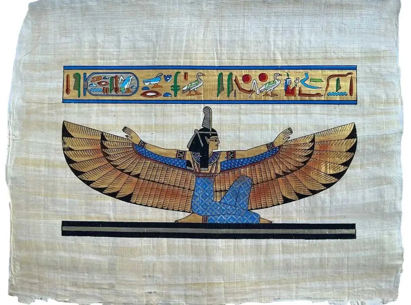 Ancient Egyptian Goddess Ma'at, kneeling and with wings spread - Papyrus Painting Home Decor