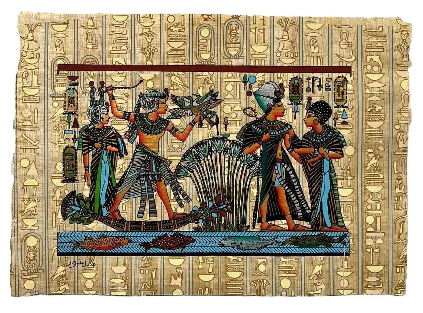 Ancient Egyptian Hieroglyphs Papyrus Painting - Hand Painted Office Home Wall Art Decor