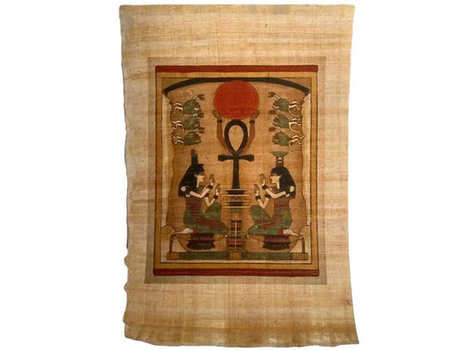 Ankh, Sign of Life - Egyptian Sister Goddesses Isis and Nephthys - Printing on Authentic Egyptian Papyrus Paper