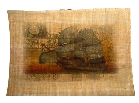 Antique Map Wood Sailing Pirate Ship - Printing on Egyptian Papyrus - Ancient Navigator Wall Art