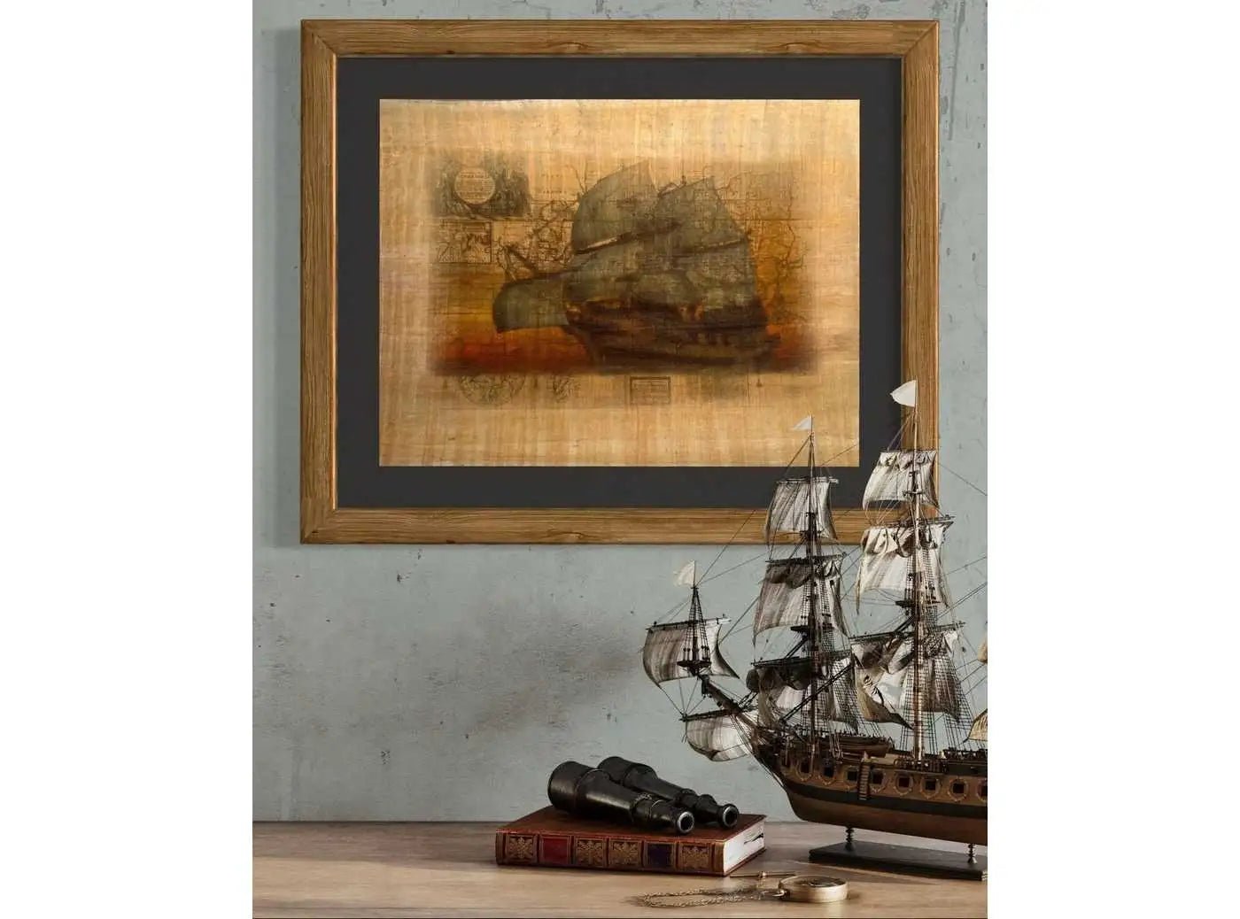 Antique Map Wood Sailing Pirate Ship - Printing on Egyptian Papyrus - Ancient Navigator Wall Art