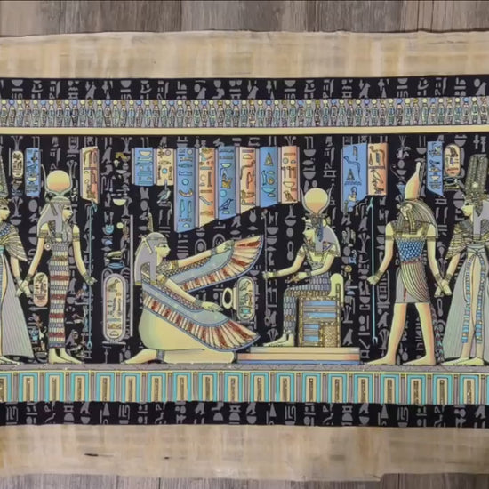 Glow In Dark Wall Decor Horus Leading Nefertari into the Afterlife & Goddesses Isis and Maat • Egyptian Papyrus Art Painting - 24x17 inches