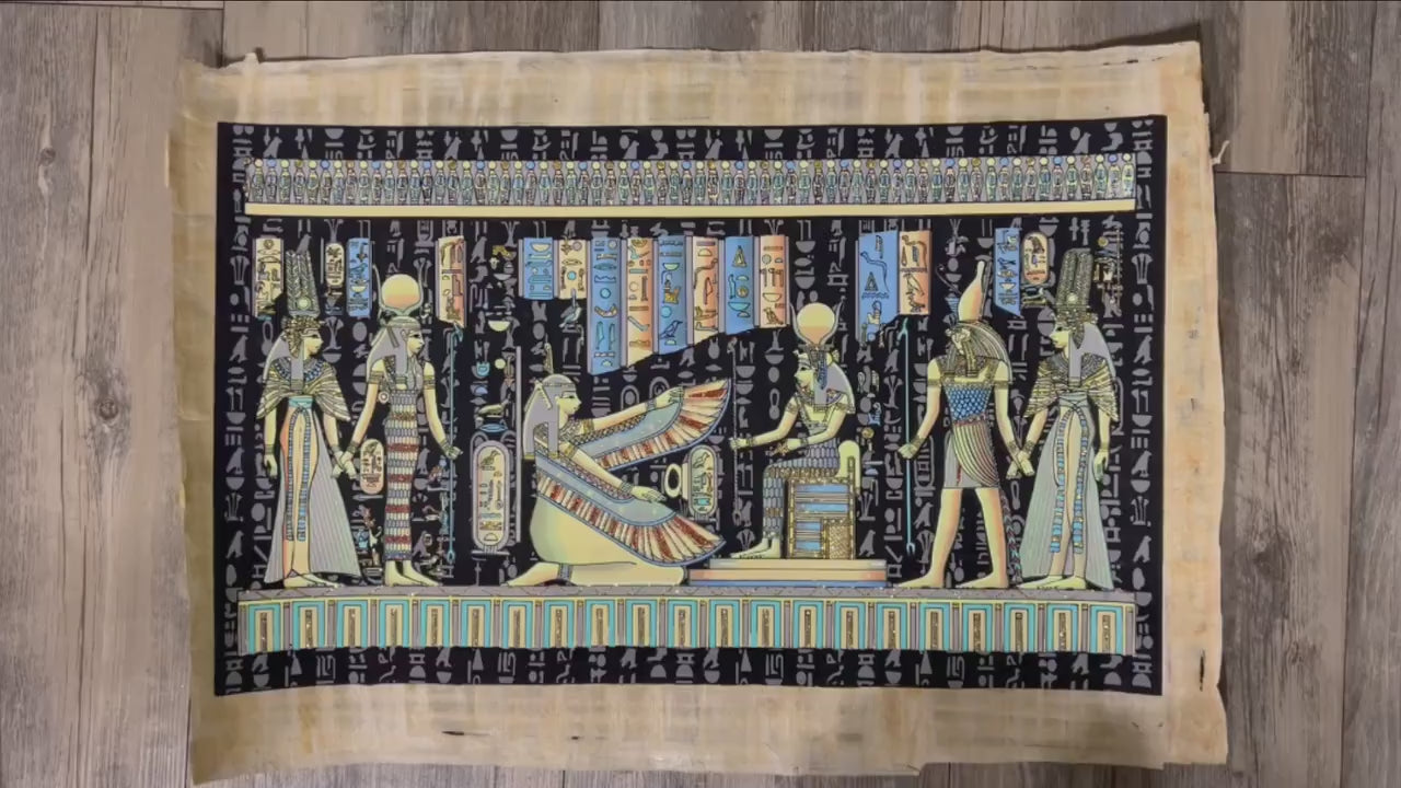 Glow In Dark Wall Decor Horus Leading Nefertari into the Afterlife & Goddesses Isis and Maat • Egyptian Papyrus Art Painting - 24x17 inches