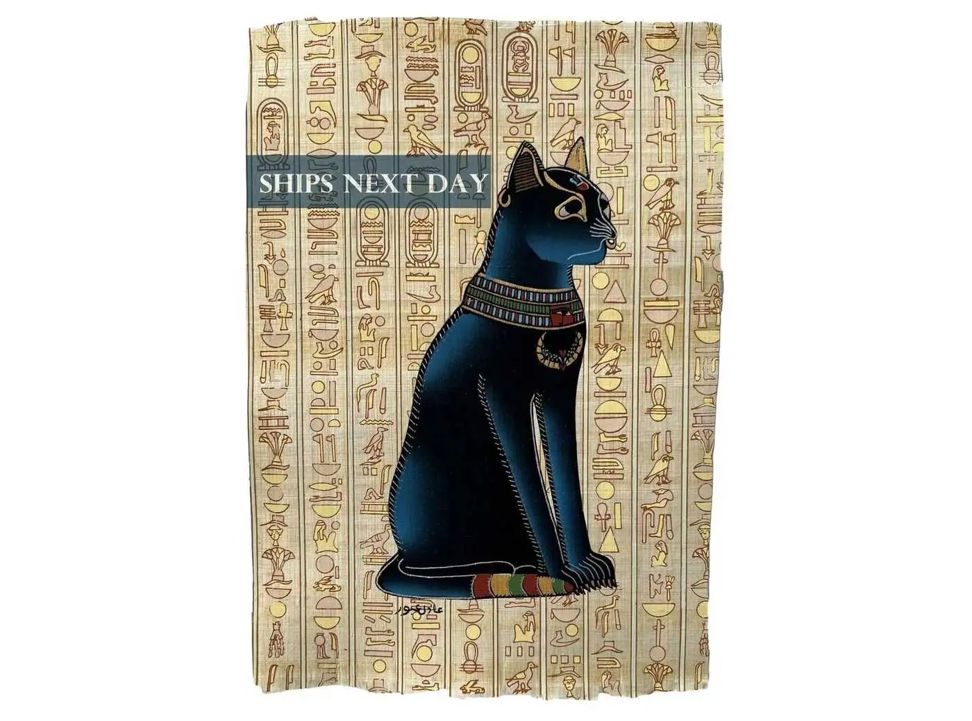 Bastet Papyrus - Egypt Cat Wall Art - Ancient Black Cat Goddess Bast Painting on Hieroglyphics Print