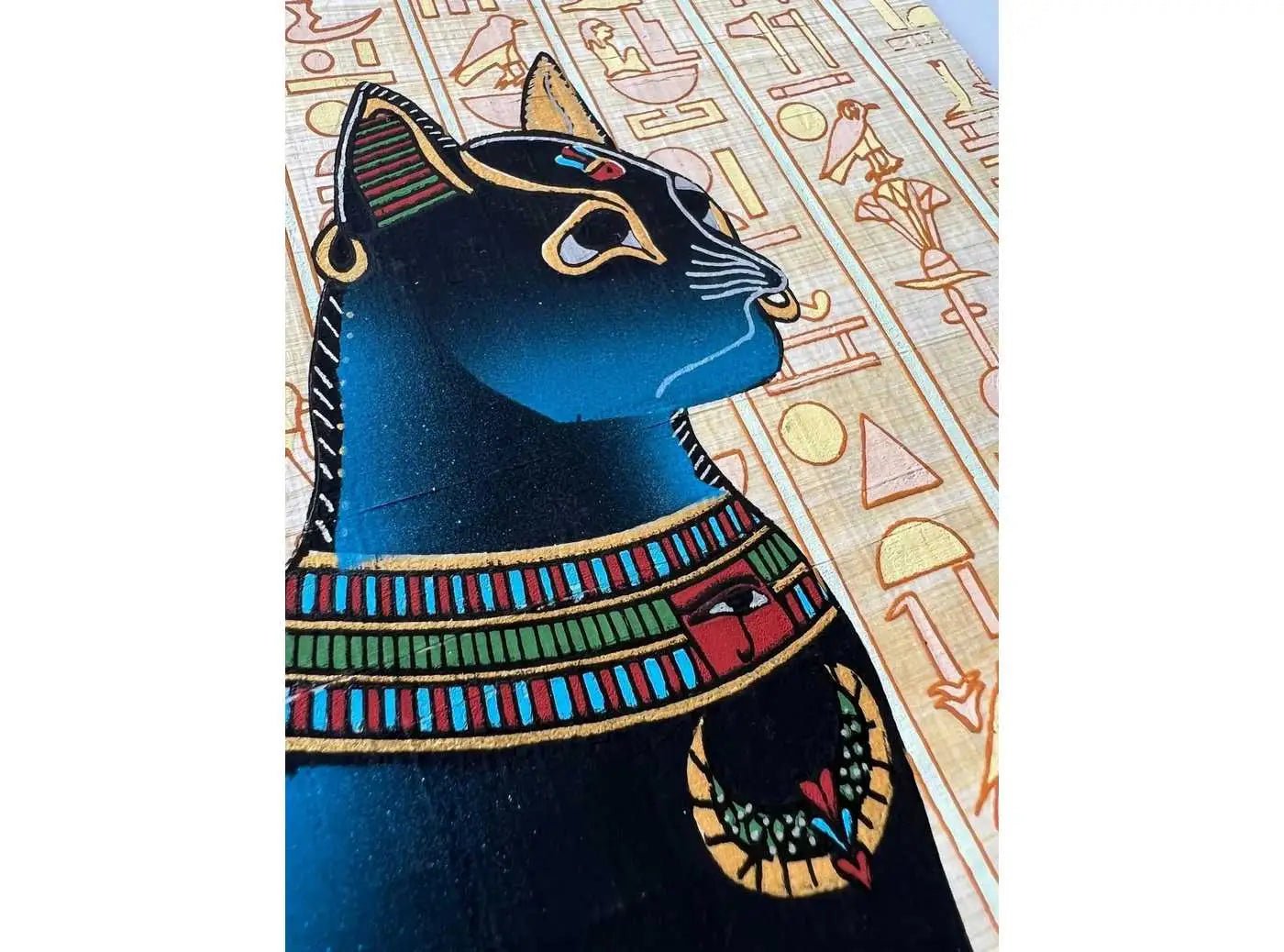 Bastet Papyrus - Egypt Cat Wall Art - Ancient Black Cat Goddess Bast Painting on Hieroglyphics Print