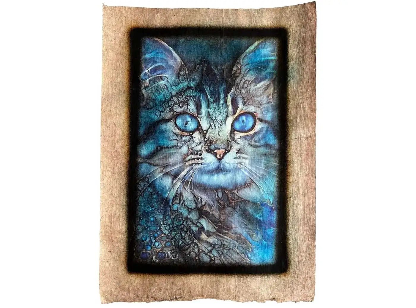 Cat Painting on Brown Papyrus - EgyptianWall Art for Cat Lovers Animal - Mystical Blue Cat Eyes - Gift for Cat Lovers