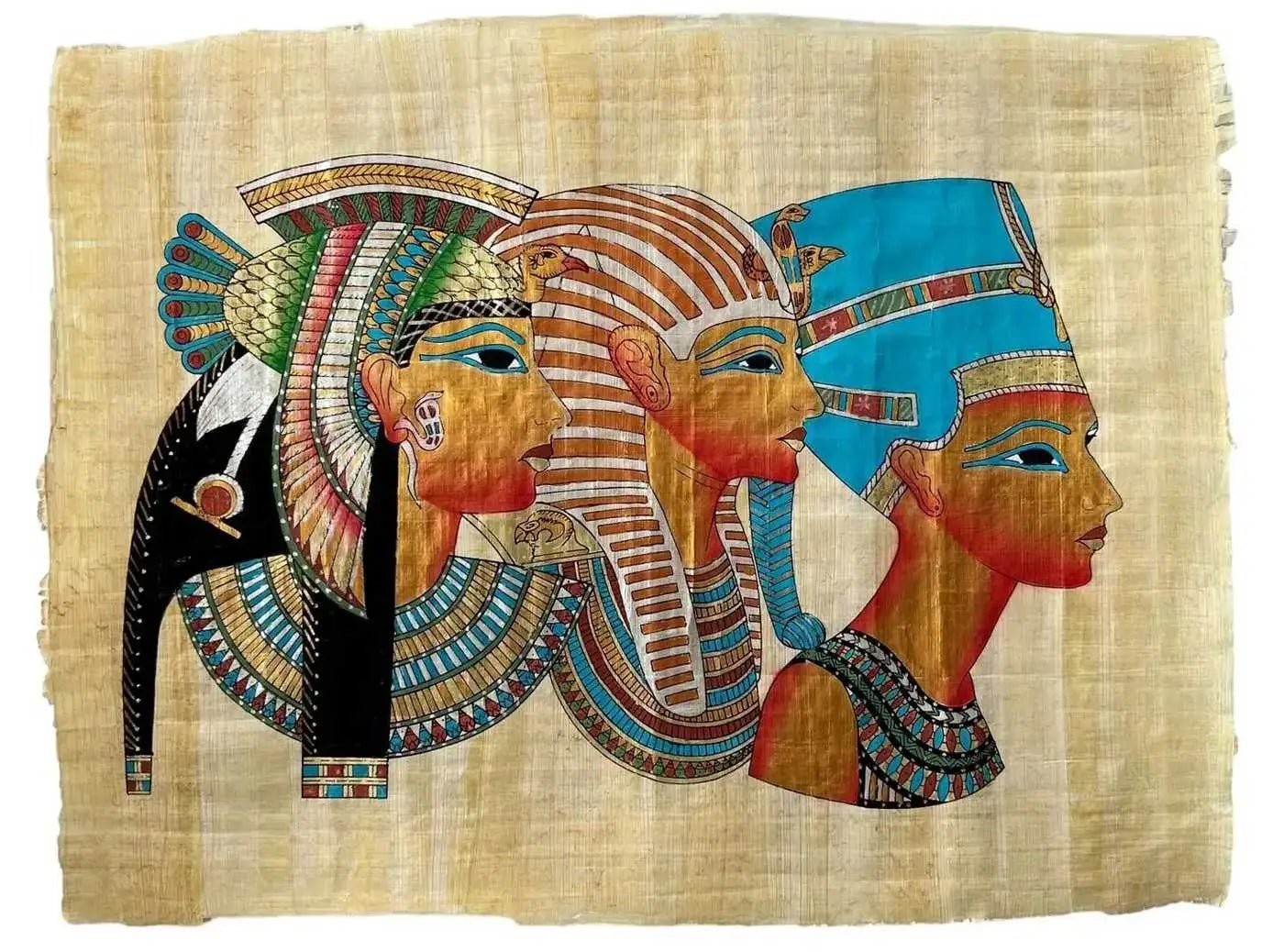 Cleopatra in Royal Vulture Crown - Nefertiti in Modius Papyrus - Egypt Papyrus Painting - Tutankhamen in Nemes