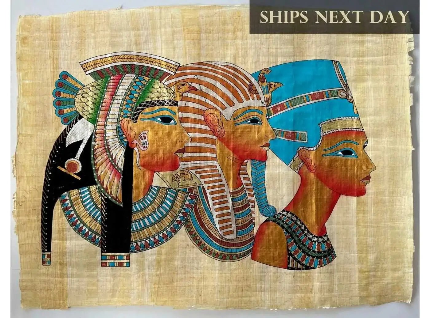 Cleopatra in Royal Vulture Crown - Nefertiti in Modius Papyrus - Egypt Papyrus Painting - Tutankhamen in Nemes