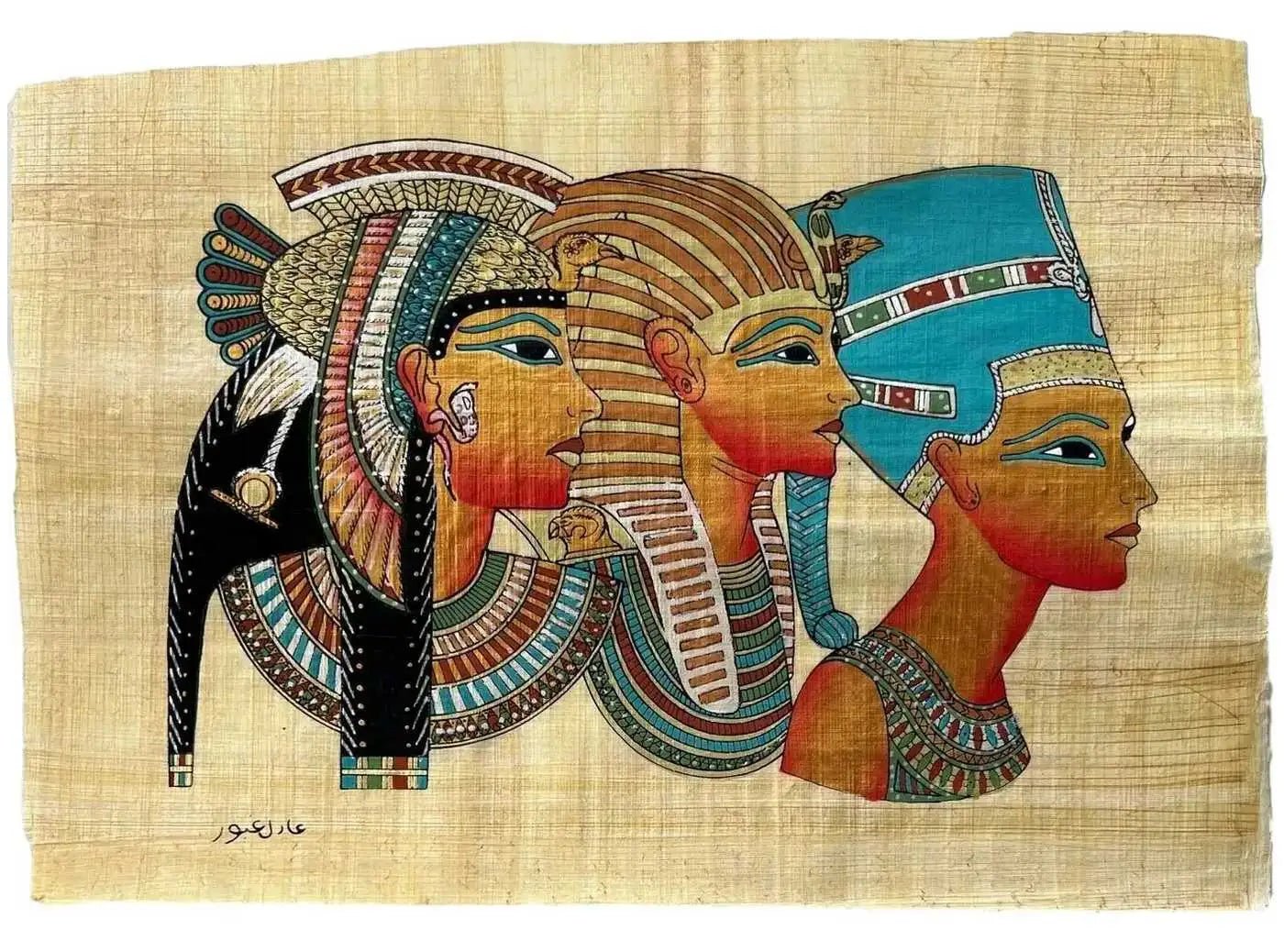 Cleopatra in Royal Vulture Crown, Tutankhamen in Nemes, Nefertiti in Modius Papyrus Egyptian Hand-Made Papyrus Painting 13x9 inches