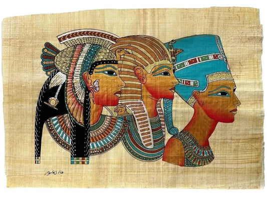 Cleopatra in Royal Vulture Crown, Tutankhamen in Nemes, Nefertiti in Modius Papyrus Egyptian Hand-Made Papyrus Painting 13x9 inches